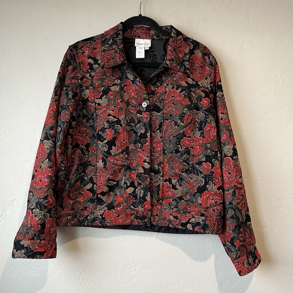 Women's Jacket Red Embroidered Dark Floral Corduroy Jean Whimsigoth‎ Grunge M